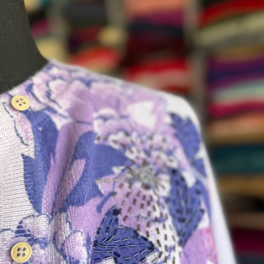 Profondo Blu Floral Cream & Purple Cardigan, Hand-Beaded. L. Wool/Angora. Italy._11